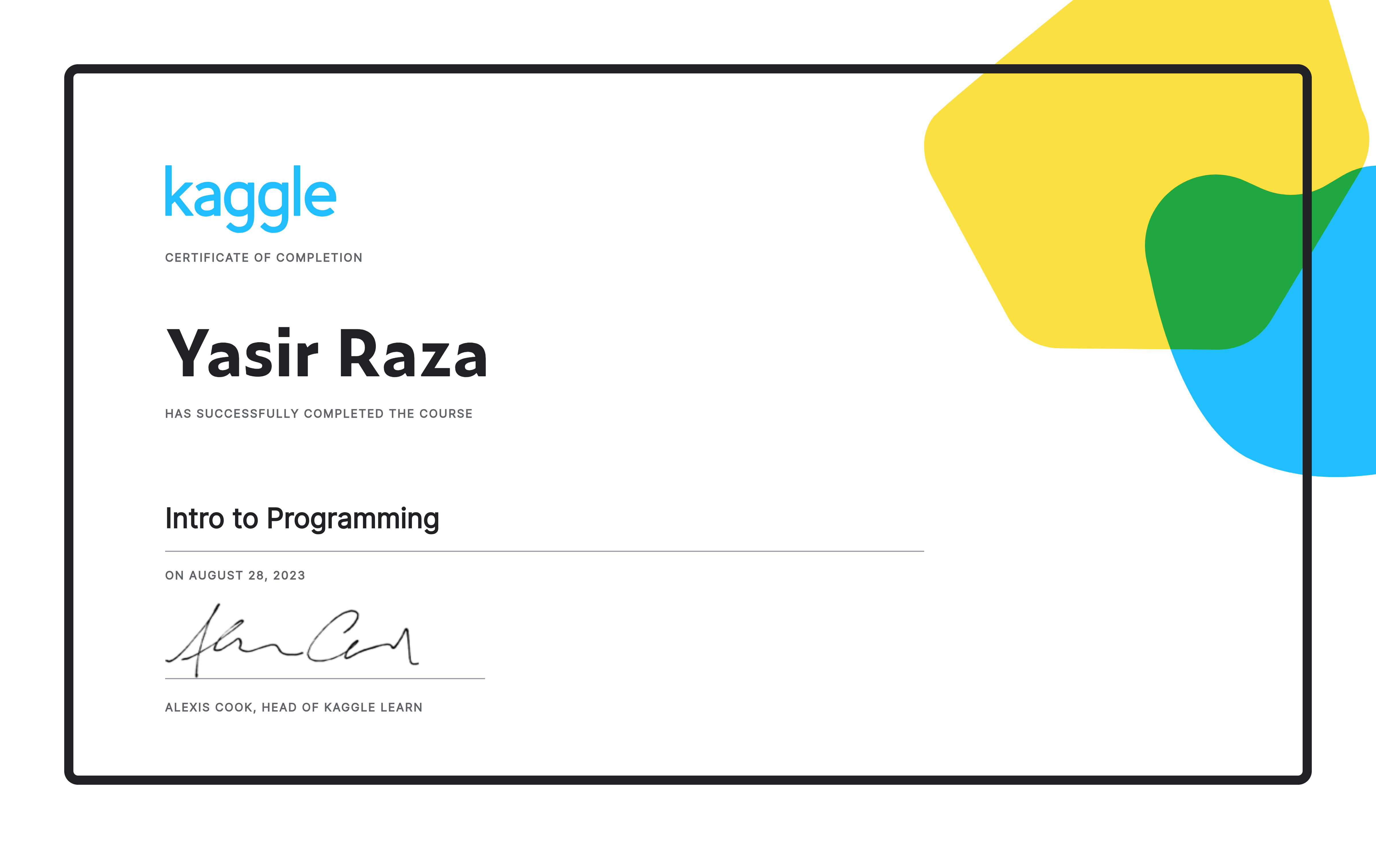 Intro to Programming certificate — Kaggle Learn
