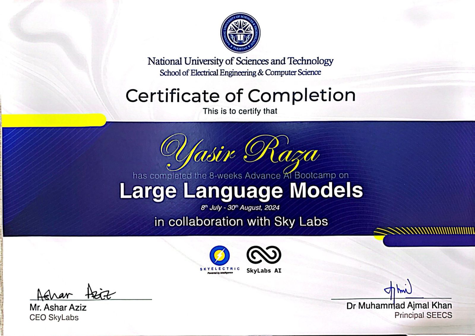 Advanced LLM Bootcamp certificate — NUST & Sky Electric